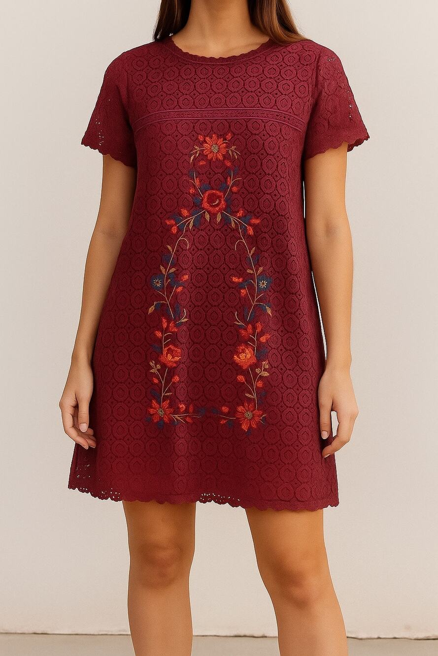 Umgee Burgundy Floral Embroidered Boho lace dress small jewel tones wine maroon